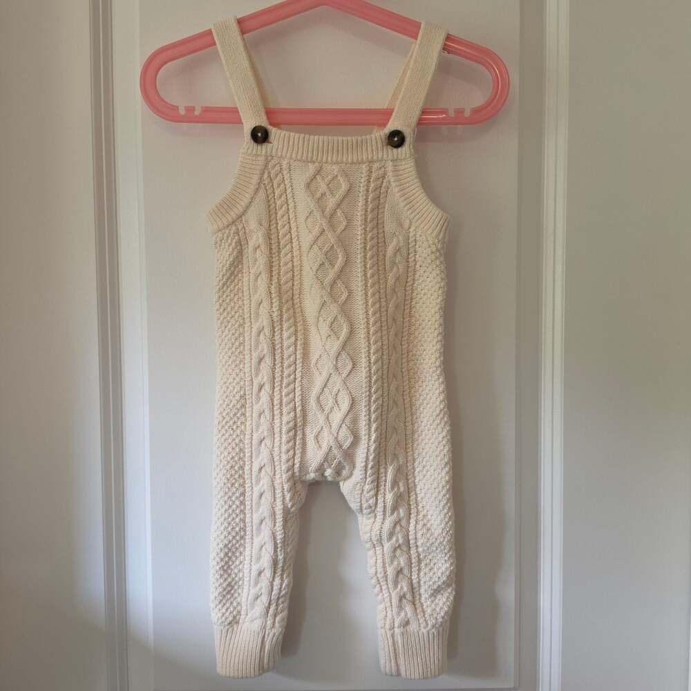 Hanna Andersson Baby 6-12M Cable Knit Overalls Romper Cream 100% Cotton